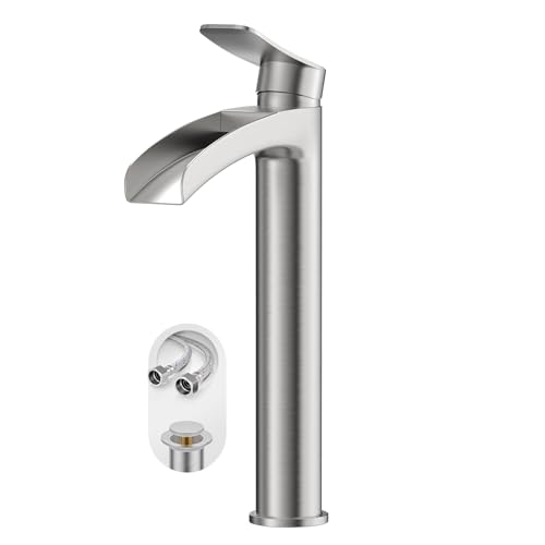 Top 10 Reviews of the Best Waterfall Bathroom Sink Faucet 11 Phiestina Brushed Nickel Tall Bathroom Vessel Sink Faucet, Single Hole Single Handle Waterfall Modern Above Countertop Sink Bathroom Faucet, with Pop Up Drain and Water Supply Line, NS-SF01-BN-V