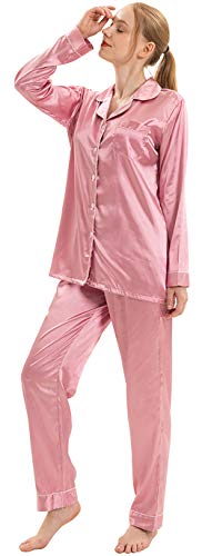 YIMANIE Womens Silky Satin Pajamas Set Classic Sleepwear Loungewear Rose Pink