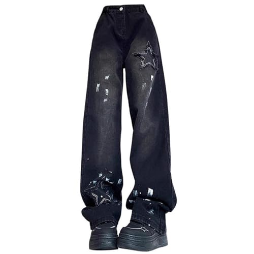 Y2K Aesthetic Cargo Track Pants, Cyber Fairy Grunge Pants, Downtown Girl Black Star Jeans, Gothic Ripped Pants