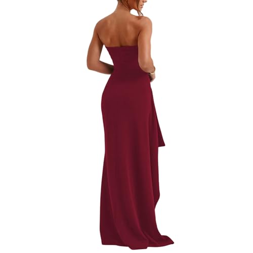 Image of Women's Sexy Strapless Backless High Split Long Maxi Dress Ruched Off Shoulder Sleeveless Bodycon Party Cocktail Dresses