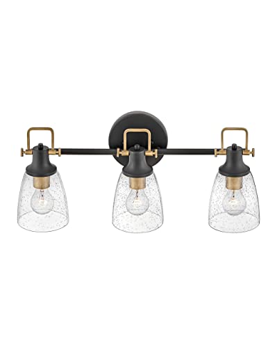 Image of Hinkley Easton Three Light Bath Vanity Fixture - Modern Industrial, Clear Seedy Glass Shade, Mounts Up or Down - Black and Heritage Brass