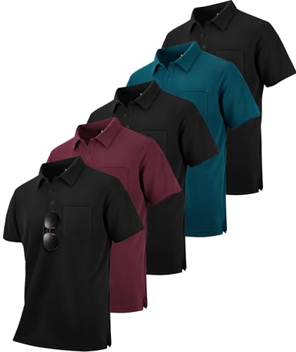 Image of SCODI 5 Pack Mens Pocket Polo Shirts Short Sleeve Golf Casual Work T-Shirt