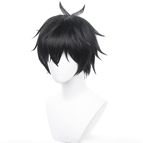 Image of Anime Black Short Wigs with Bangs Men Short Straight Wig Layered Haircut Wig Game Dragon Lunae Cosplay Wigs Halloween,Christmas,Comic con,Game Show,Party
