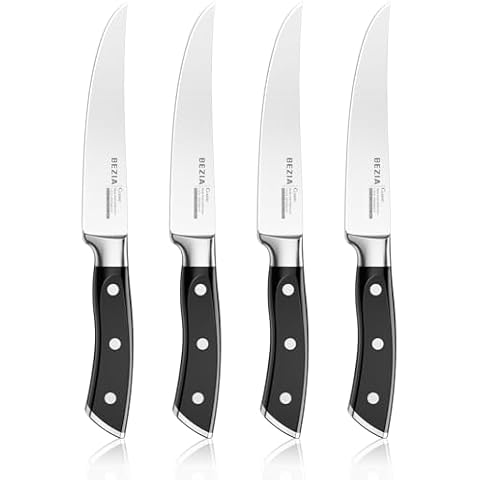 BEZIA Steak Knives Set of 4, Extra Sharp Non Serrated Steak Knife Set, German Steel Blades with Full Tang Ergonomic Handle Cover