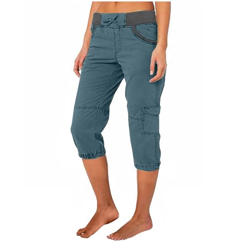 Damen Caprihose Sommer Leicht 3/4 Jogginghose Outdoor Laufhose Dreiviertel Hose Damen Sporthose Activewear Bequem Sommerhose Atmungsaktive Workout Capri Hose mit Taschen und Kordelzug