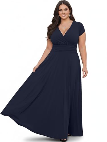KOH KOH Women’s Long Cap Short Sleeve Flowy Cocktail Semi Formal Prom Gala Black Tie Bridesmaid Wedding Guest Work Dressy Tall Gown Gowns Maxi Dress Dresses, Dark Navy Blue L 12-14