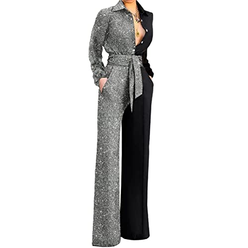 SHINROAD Mono de pierna ancha para mujer, cuello vuelto hacia abajo, manga larga, pantalones de mujer, brillantes, patchwork cinturón, bolsillos, ropa de calle, plata, XL