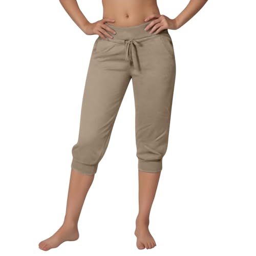 Image of Generisch Women Fashion Solid Color Casual Sports Shorts Pointed Lace Breathable Cotton Blend Elastic Waist Fitness Casual Shorts S-XXXL, khaki, XL