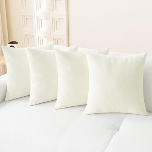 Image of CaliTime Throw Pillow Covers Decorative 18 X 18 Inches Pack of 4 Cozy Chenille Cushion Cases for Couch Sofa Bed Living Room Home Cream