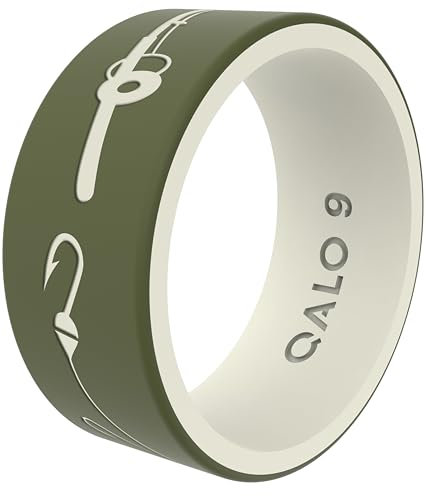 QALO Men's Rubber Wedding Ring, Fishing, Olive Fishing, Size 10