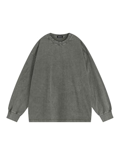 Vamtac Long Sleeve Shirts For Men Oversized Crewneck Sweatshirt Casual Acid Wash Tshirt Cotton T-Shirts Unisex Pullover Top