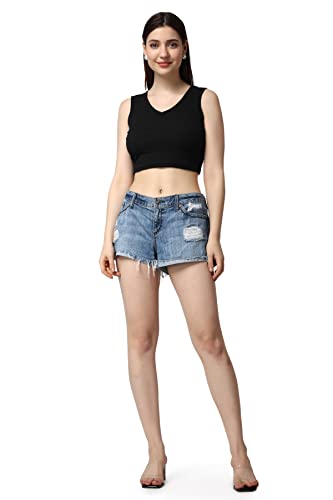 Image of POPWINGS Casual Solid Ribbed Crop Top for Women || Sleeveless & V-Neck Crop Tops for Women Black