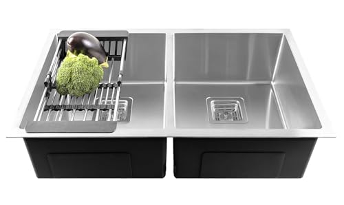 Image of Fossa (32x18x10 Inch) 𝟓-𝐘𝐄𝐀𝐑 𝐖𝐀𝐑𝐑𝐀𝐍𝐓𝐘 Premium Stainless Steel Double Bowl Kitchen Sink | Topmount Sink with Drain Basket, Drain & Square Coupling | Silver (Matte Finish)