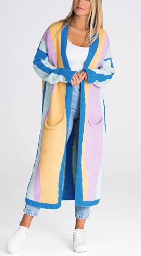 Image of chouyatou Women's Fall Open Front Color Block Long Cardigan Sweater Coat Casual Vertical Striped Coatigan