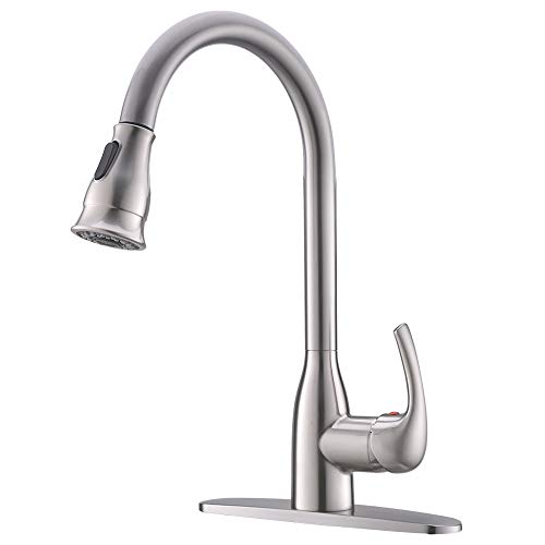 Hotis Commercial Pull Out Single Handle Stainless Steel Pull Down Sprayer Kitchen Sink Faucet, Brushed Nickel Kitchen Faucet with Escutcheon