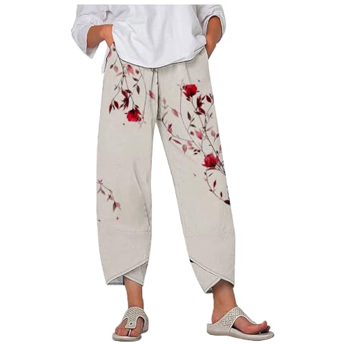 MARSVOVO Plus Size Capri Pants for Women 2024 Summer Beach Cotton Linen Wide Leg High Waist Baggy Trousers with Pockets
