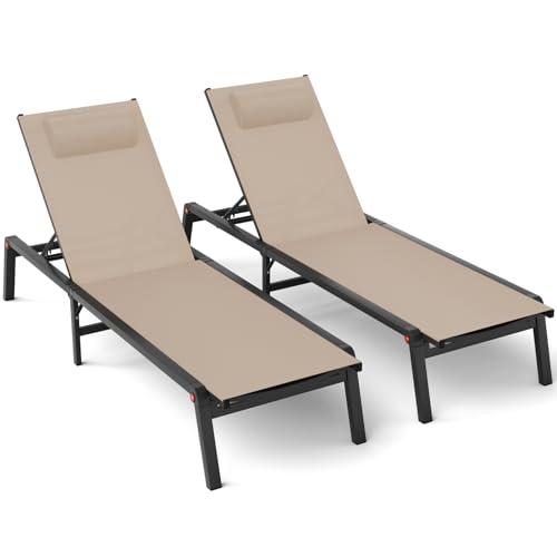 Aluminum Patio Chaise Lounge Chairs Set of 2, Adjustable Backrest, Outdoor Folding Chairs for Poolside, Lawn, Deck, Beach