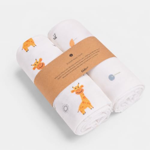 Image of HABER Organic Cotton Muslin Baby Bath Towel 70x70 Pack of 2|Gentle Towel for Infants & Toddlers - Forest and Giraffe