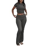 COPYLEAF Two Piece Lounge Sets for Women Fold Over Flare Pants Short Sleeve Crop Top Y2k Outfits Matching Set Tracksuit(Dark Grey L)