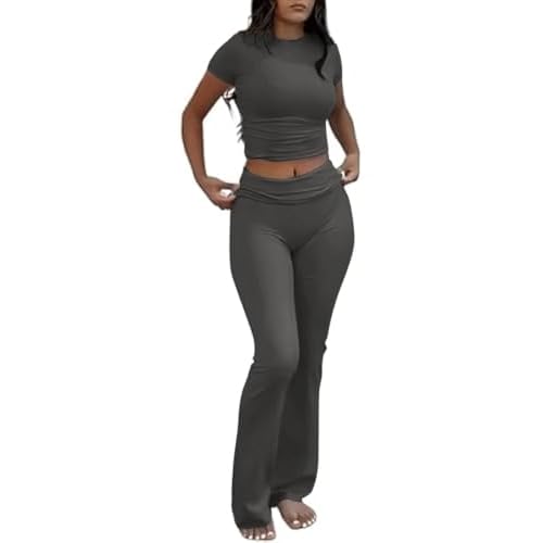 Two Piece Lounge Sets for Women Fold Over Flare Pants Short Sleeve Crop Top Y2k Outfits Matching Set Tracksuit Dark Grey X-Small