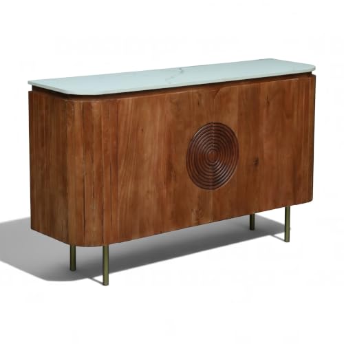 Image of Solid Wood Mandala Sideboard Cabinet with Sintered Stone Top for Living Room | Dark Teak Finish Lacquered with Soft Close Hinge| 140 cm (W) x 39.8 cm (D) x 85 cm (H)