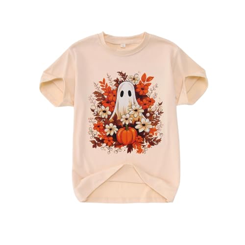 Image of GLIGLITTR Girls Halloween Ghost T Shirt Pumpkin Floral Graphic Tee Tops Kids Spooky Season Casual Short Sleeve Shirt