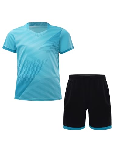 Kids Sport Shorts Sets Boys Football Sports Uniform Soccer Jersey T-shirt With Shorts Set Training Suits Sky Blue 9-10 Years