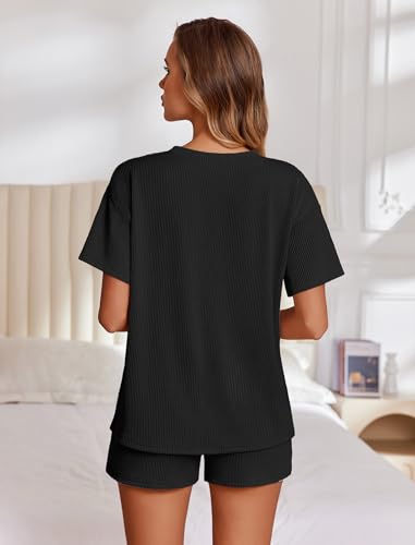 Image of Ekouaer 2 Piece Sets for Women Matching Lounge Sets Summer Outfits | Casual Loungewear, Ribbed Loose Set, Short Sleeve Shirt and Shorts, Crewneck, With Pockets