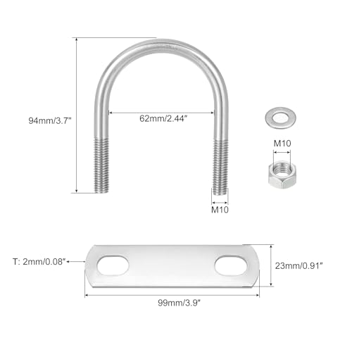 Image of uxcell Round U-Bolts, 4 Sets 62mm(2.44 inch) Inner Width 94mm Length M10 304 Stainless Steel U Clamp Bolt with Nuts and Plates, for Boat Trailer