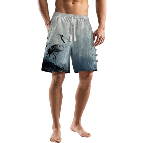 Beach Shorts for Men Casual Loose Fit Summer Fashion Gradient Blue Artistic Print Drawstring Elastic Waist Pants Lightweight Comfy Quick Dry Gym Vacation Hawaiian Knee Length Swimsuit with Pockets,L