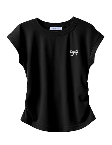 Arshiner Camiseta de niña con Estampado de Lazo, Top de Verano, Corte Ajustado, Manga Corta, Color Liso, Cuello Redondo, Top Informal, Top de Verano, Negro, Talla 130 (7-8 años)