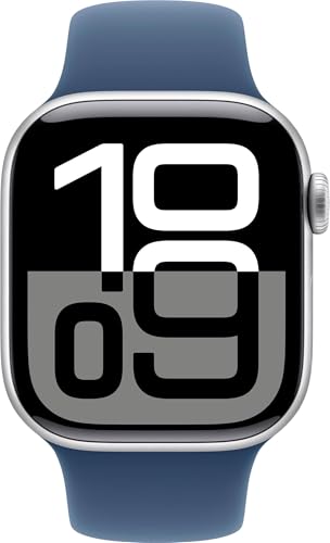 Image of Apple Watch Series 10 [GPS + Cellular, 46mm] - Silver Aluminum Case with Denim Sport Band, S /M (Renewed)