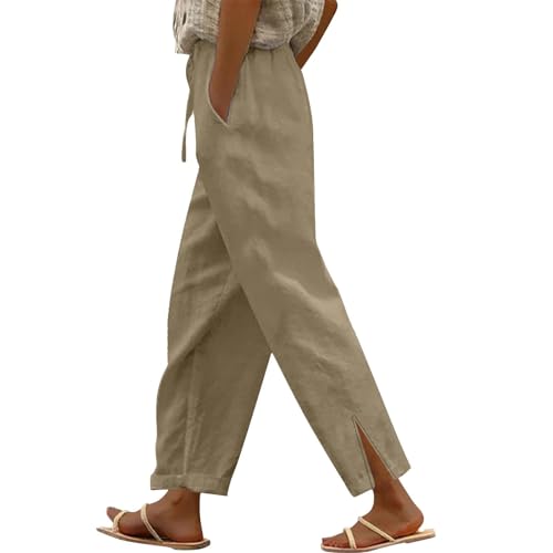 Linen Pants for Women 2025 Summer Casual Loose Flowy Beach Pant,Elastic High Waist Split Hem Trousers with Pockets2