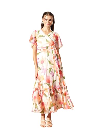 Image of Miss Chase Women's Floral V-Neck Flutter Sleeve Wrap Chiffon Maxi Dress