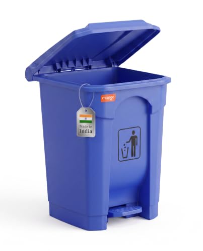 Image of pedal dustbin with lid, heavy duty plastic garbage bin, hands-free step-on waste bin for kitchen, office, home, hotel, bathroom & outdoor use (Blue, 35 Liters)