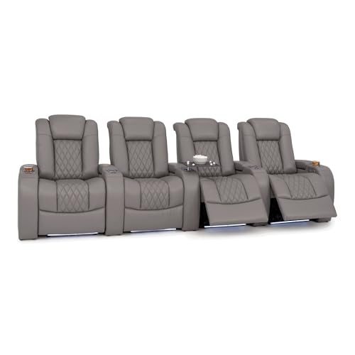 Image of Seatcraft Virtuoso LT Gray Italian Leather Home Theater Seating, Zero Gravity Power Recliner, Powered Headrest and Lumbar Gaming and Home Office Chair, Heat and Massage Lounge Sofa, Row of 4