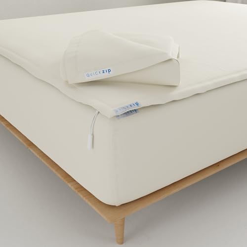 Image of QuickZip Fitted Sheet - Includes 1 Fitted Sheet Base & 2 Zip-On Sheets - Easy to Change, Won't Pop Off - Soft Percale 400 TC Cotton - 17.5' Deep Pockets - Ivory