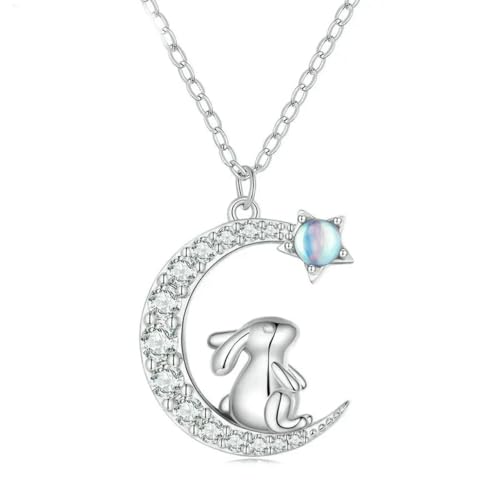 Chaîne de cou lapin mignon et croissant en argent, le bijou tendance pour femme