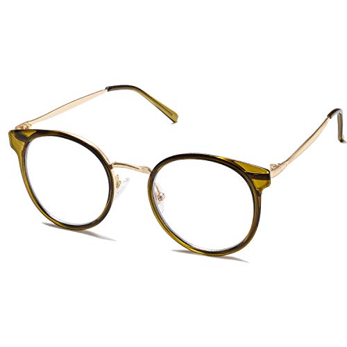 SOJOS Gafas con Filtro de Luz Azul para Computador Lentes Antireflejantes para Mujer Redondo Retro Elegante TR90 SJ5055 con Marco Verde Oliva