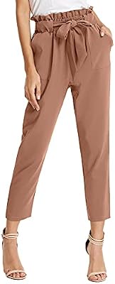 GRACE KARIN Women's Cropped Paper Bag Waist Pants with Pockets Apricot