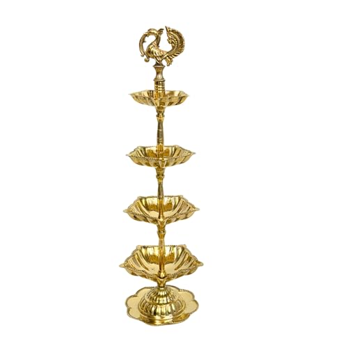 Image of Handcrafted Double Brass Diya with Peacock Design | Traditional Brass Oil Lamp for Puja, Temple & Home Decoration | Antique Finish Deepak for Festivals (Quadruple)