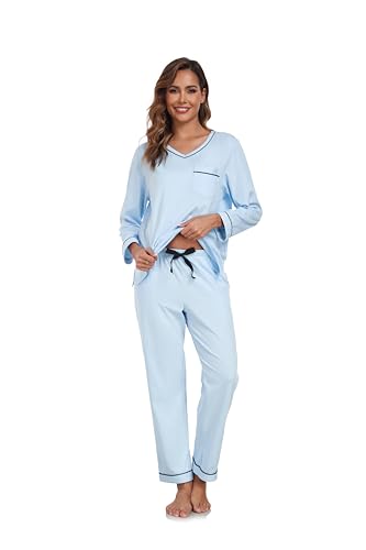 Image of COLORFULLEAF 100% Cotton Pajama Set for Women Long Sleeve Sleepwear with Pants Soft Comfy Two-Piece Pjs with Pockets