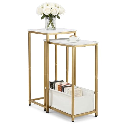 NovaNoka Nesting End Tables Set of 2 Stacking Side Table with Fabric Storage Basket Small Nightstand for Small Space Living Room Bedroom White Marble & Gold