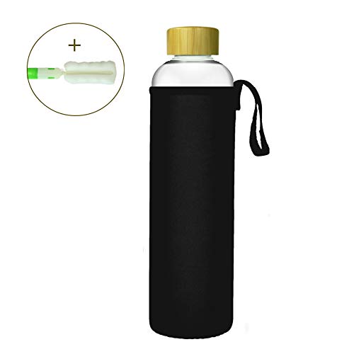 Wenburg Trinkflasche/Glasflasche mit Bambus-Deckel Wolton 0,55l / 0,75l / 1l, Neopren Hülle. Glas Sportflasche/Wasserflasche. Für Unterwegs. Schwarz