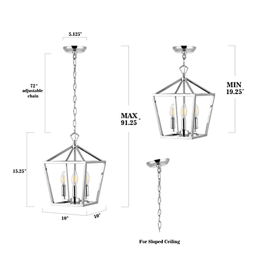 Image of JONATHAN Y Ojai Pagoda Pendant Lantern 10 inch, Chrome | 3-Light, Metal Frame Construction, LED Bulbs Included, Adjustable Chain, Classic Farmhouse Chandelier, Entry Foyer Decor