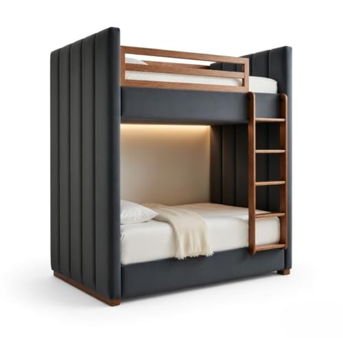 Image of STRATA FURNITURE Solid Wood Velvet Upholstered Bunk Bed with Ladder | Wooden Twin Over Double Bed for Bedroom Living Room and Home (Grey)