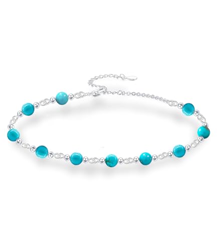 Genuine Turquoise Bead Bracelet for Women 925 Sterling Silver Ball Gemstone Adjustable Bracelets Boho Jewelry for Her Wife 6 to 8 Inch
