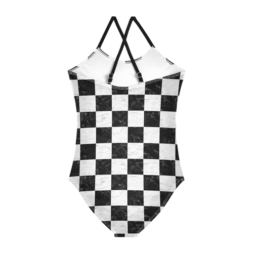 Image of Black and White Chess Girls One Piece Swimsuits Board Marble Tile Sport Halter Swimwear Beach Bathing Suit 3T