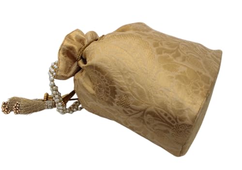 Image of MILAN'S CREATION Banarasi Silk Brocade Potli Bag Purse With Base Drawstring Women's handbag with Pearl Handle & Tassel Weddings