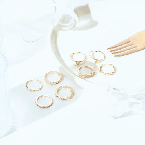 Image of SALTY Anti Tarnish Set of 8 Stairway to Bliss Stack Finger Ring for Women | Adjustable Fancy Jewellery Design | Fashion Accessories for Girls | Minimal Jewelry | Ideal for Gifting | Marriage, Birthday | Gift for Valentine Day